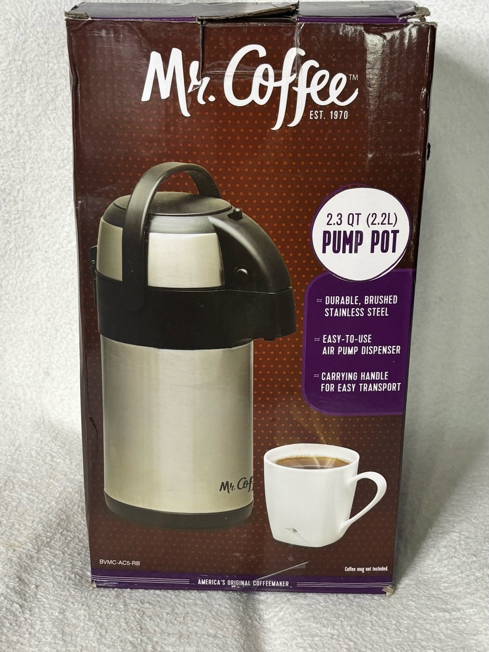 Mr. Coffee 2.3 Qt Stainless Steel Pump Pot Airpot Hot Beverage Dispenser